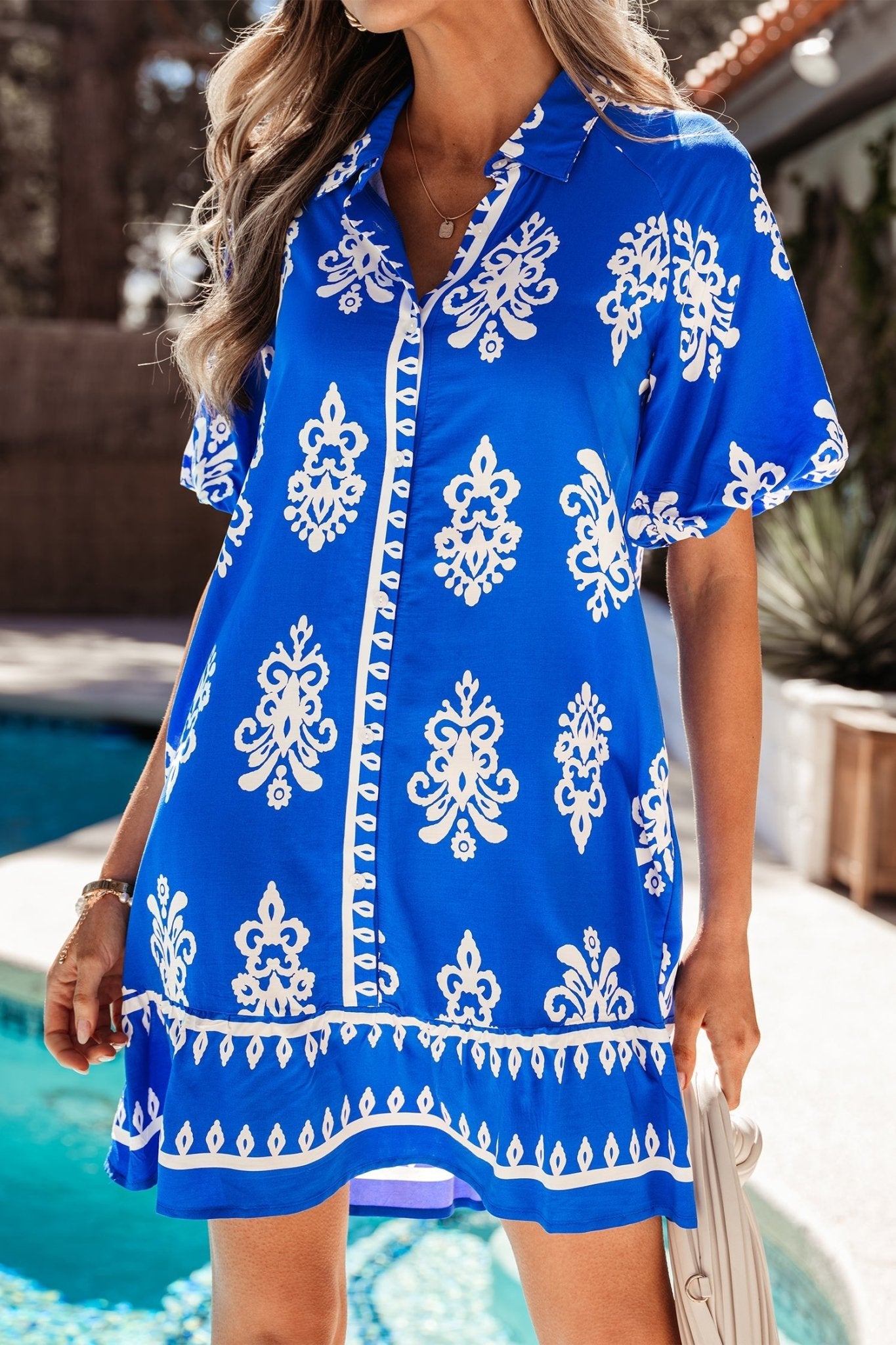 Blue Ethnic Geometric Print Collared Button Front Short Puff Sleeve Mini Dress - Loving It Shop