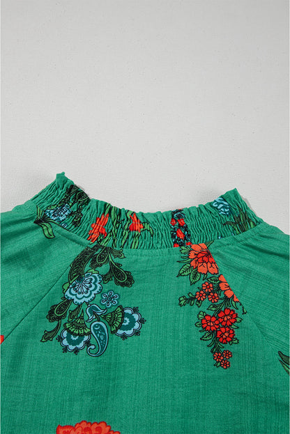 Bright Green Floral Print Buttoned V Neck Short Sleeve Blouse