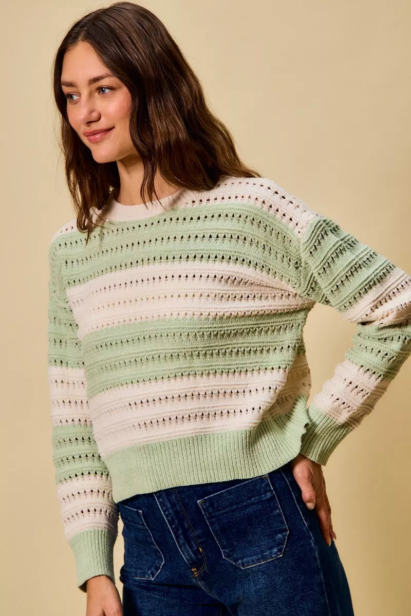 Openwork Round Neck Wide Stripe Textured Sweater