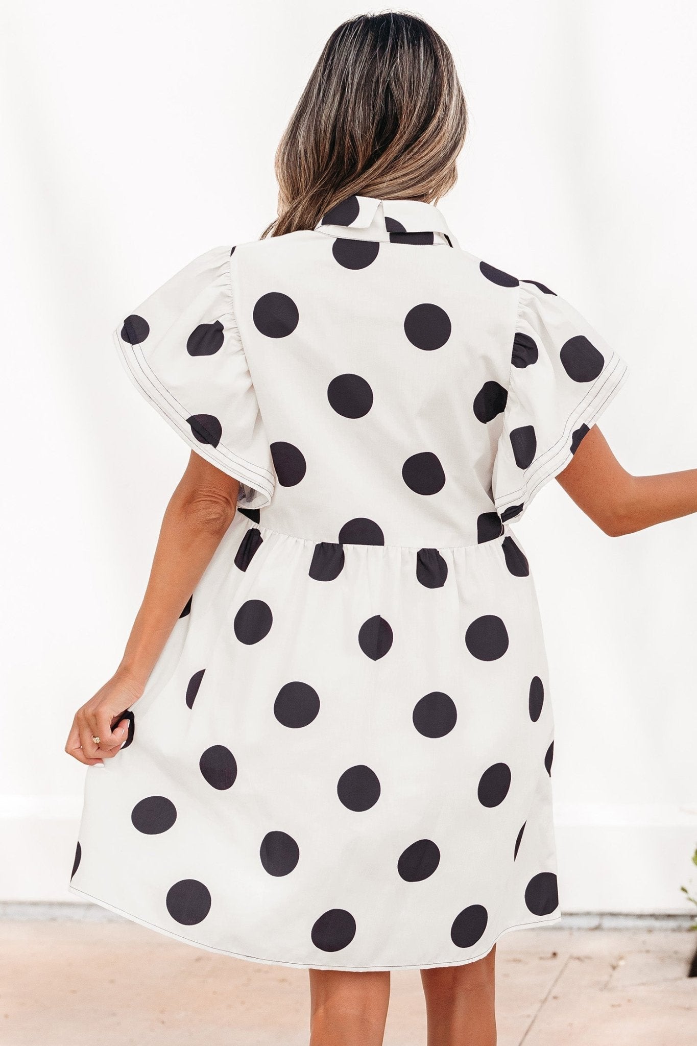White Polka Dot Print Half Button Ruffled Short Sleeve Loose Mini Dress - Loving It Shop