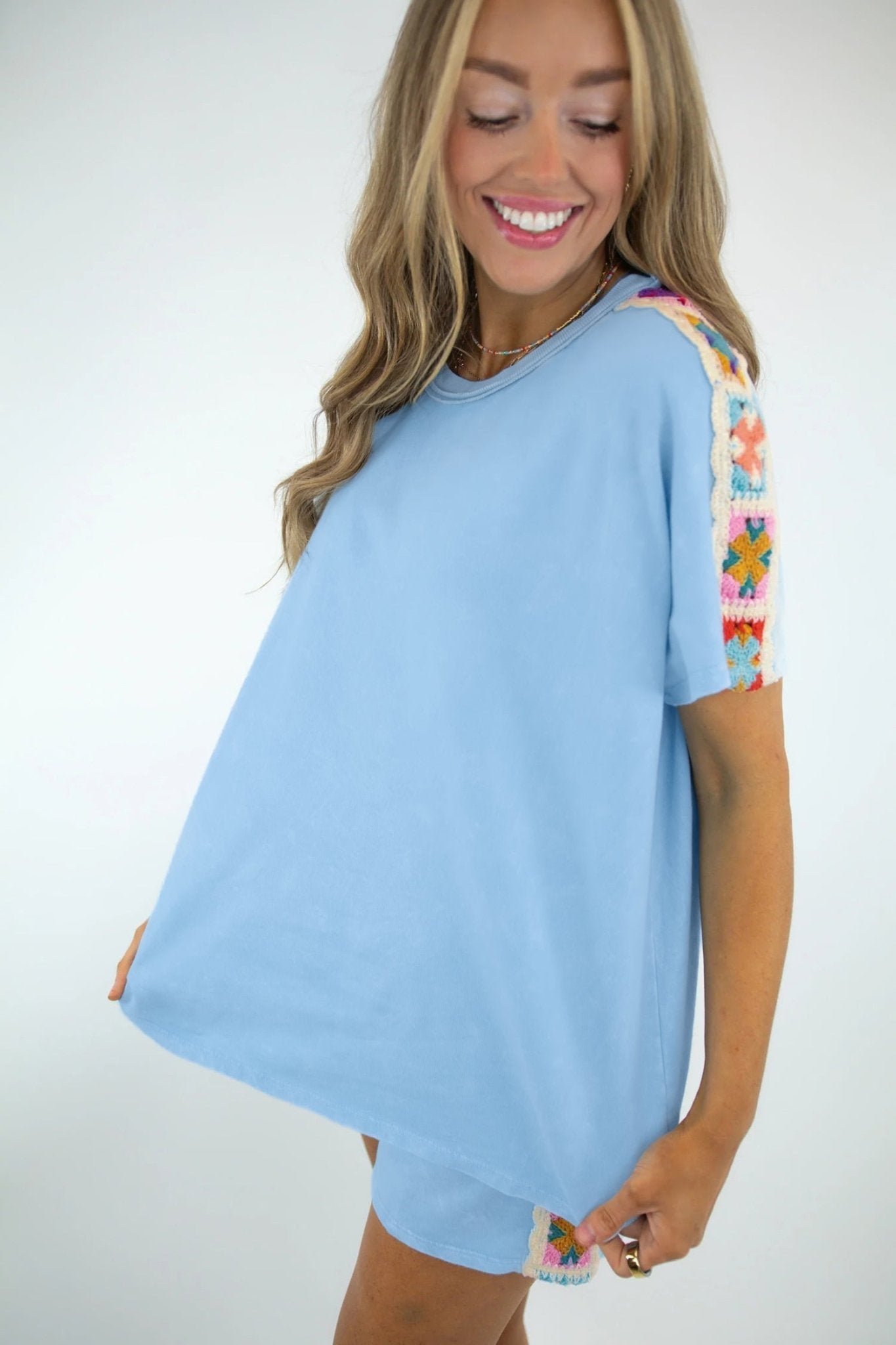 Mist Blue Granny Square Crochet Detail Short 2pcs Set - Loving It Shop