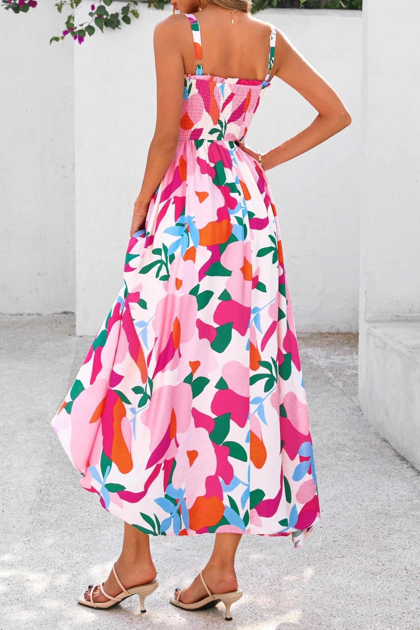 Pink Floral Print Adjustable Straps Smocked High Waist Sundress - Loving It Shop