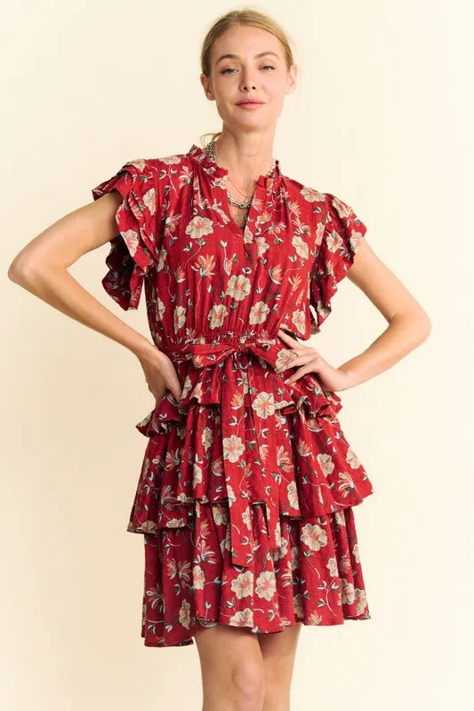 Davi &amp; Dani Ruffle Flutter Sleeve Tie Belt Tiered Mini Dress