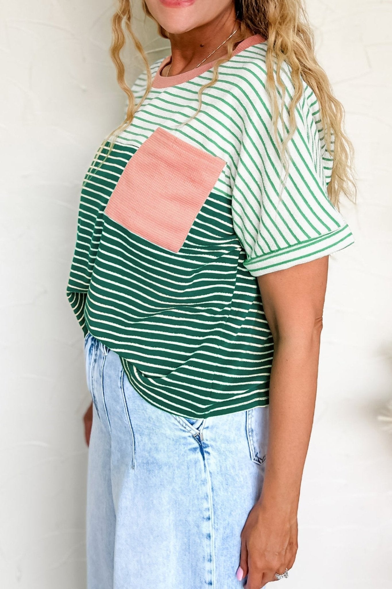 Green Stripe Contrast Print Color Block Detail Relaxed Tee - Loving It Shop