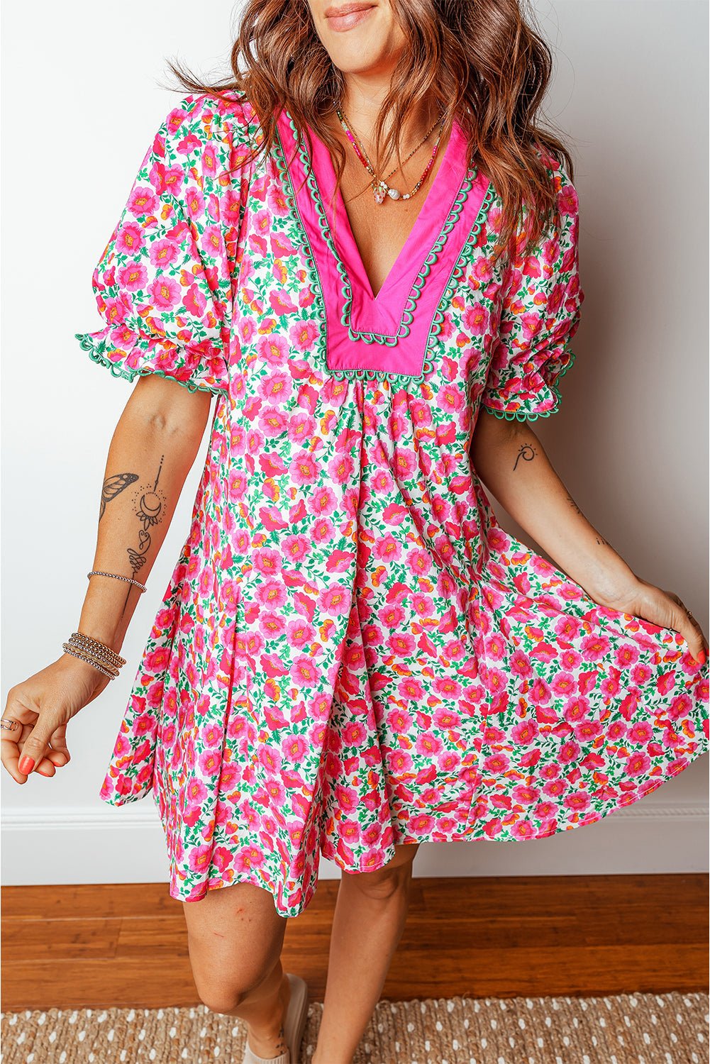 Pink Floral Print V Neck Patchwork Short Bubble Sleeve Mini Dress - Loving It Shop