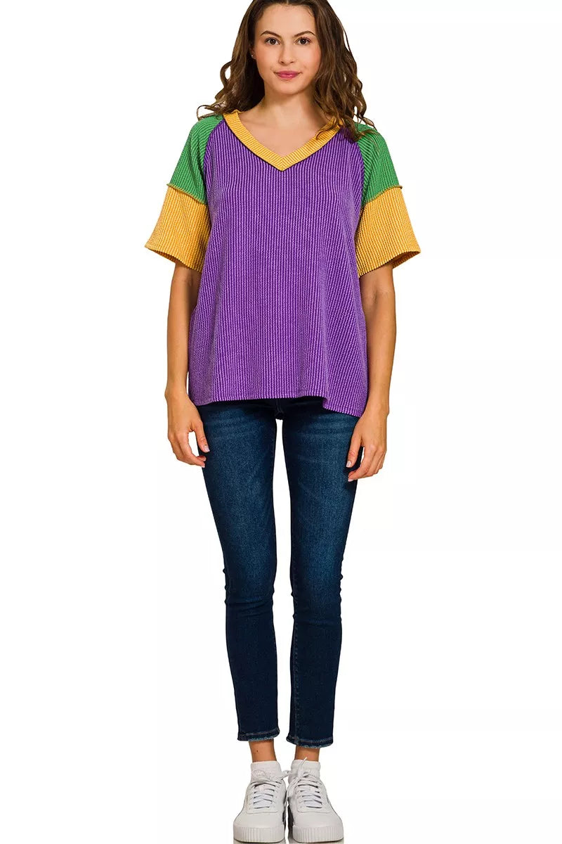 Mardi Gras Raised Rib Color Block Top