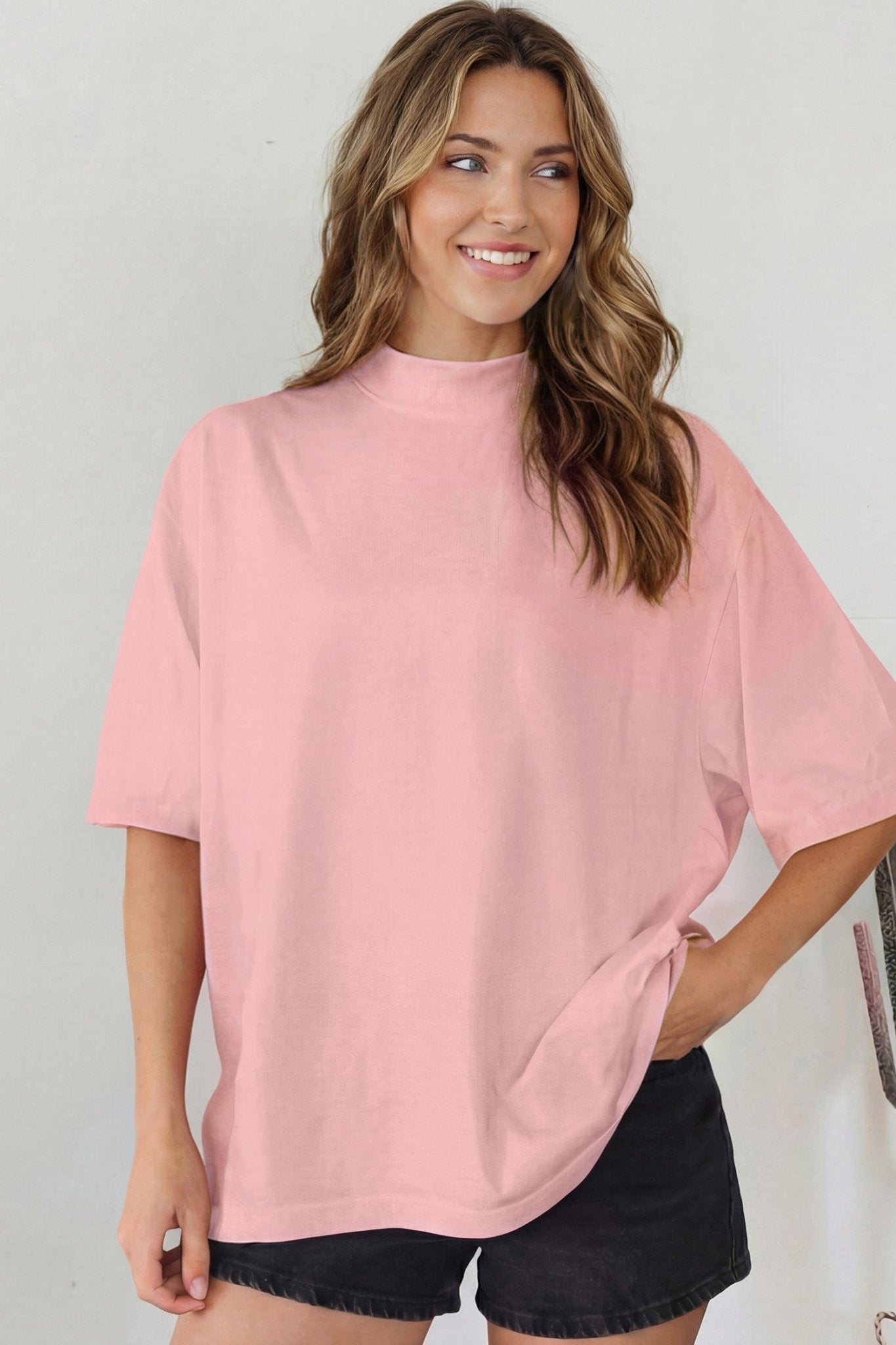 Pink Solid Color High Neck Oversize Tee - Loving It Shop