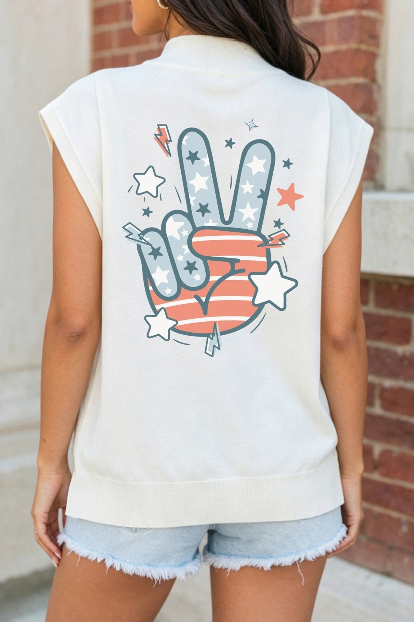 White USA/ Patriotic Victory Double Side Printed Mock Neck Tee - Loving It Shop