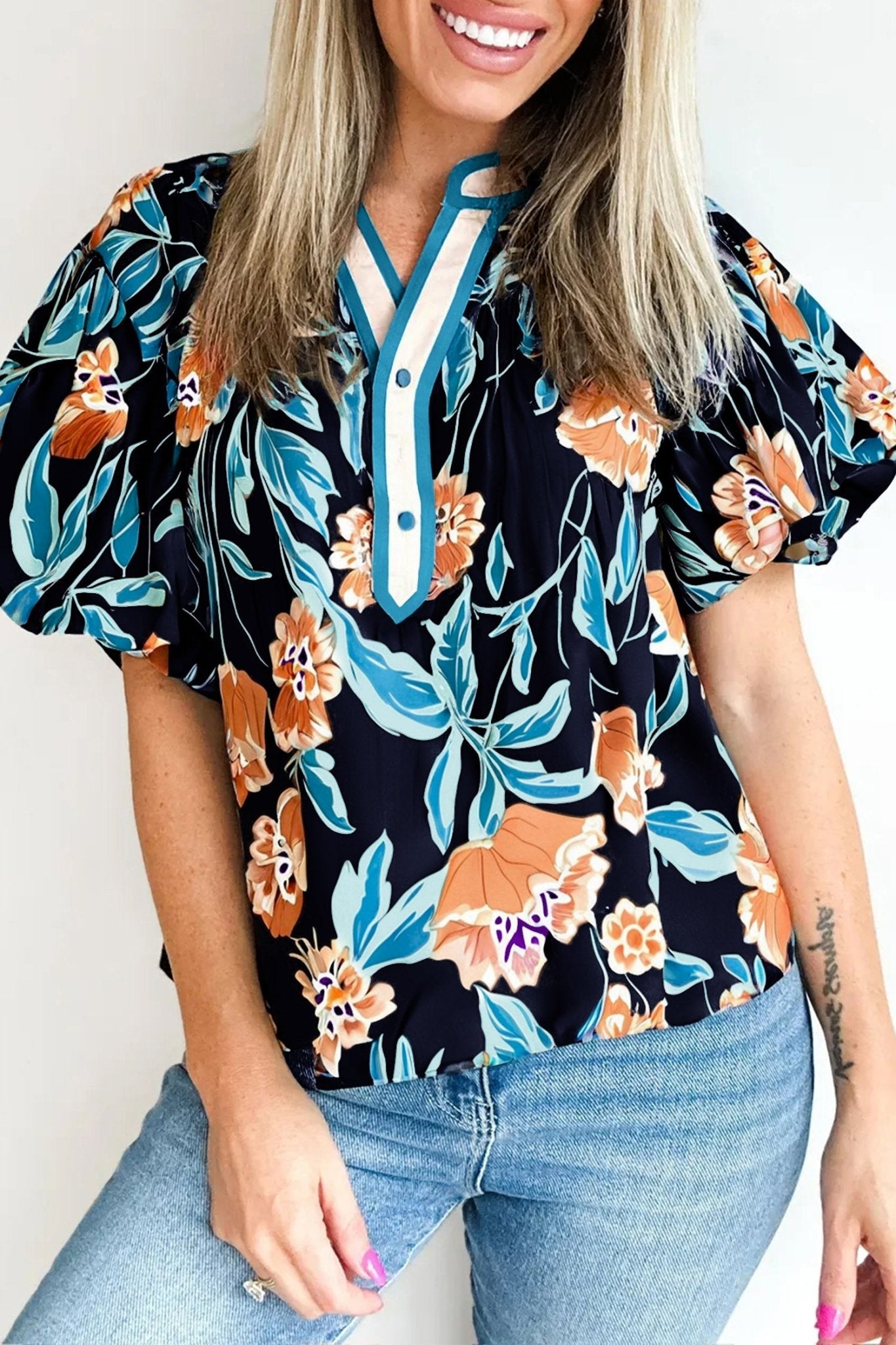 Black Floral Short Bubble Sleeve Buttoned Notched Neck Blouse - Loving It Shop