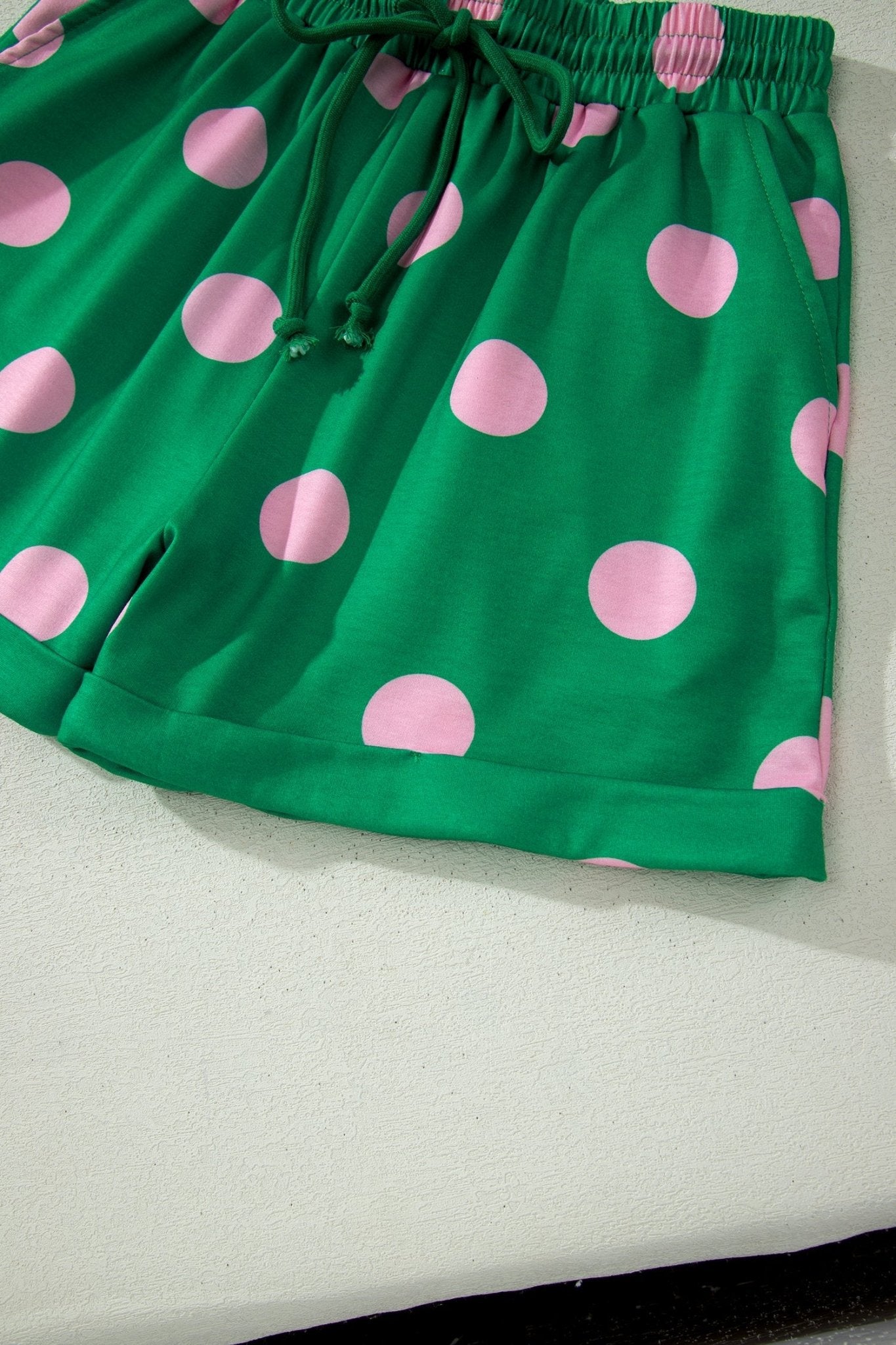 Green Polka Dot Print V Neck Tee Short Set - Loving It Shop