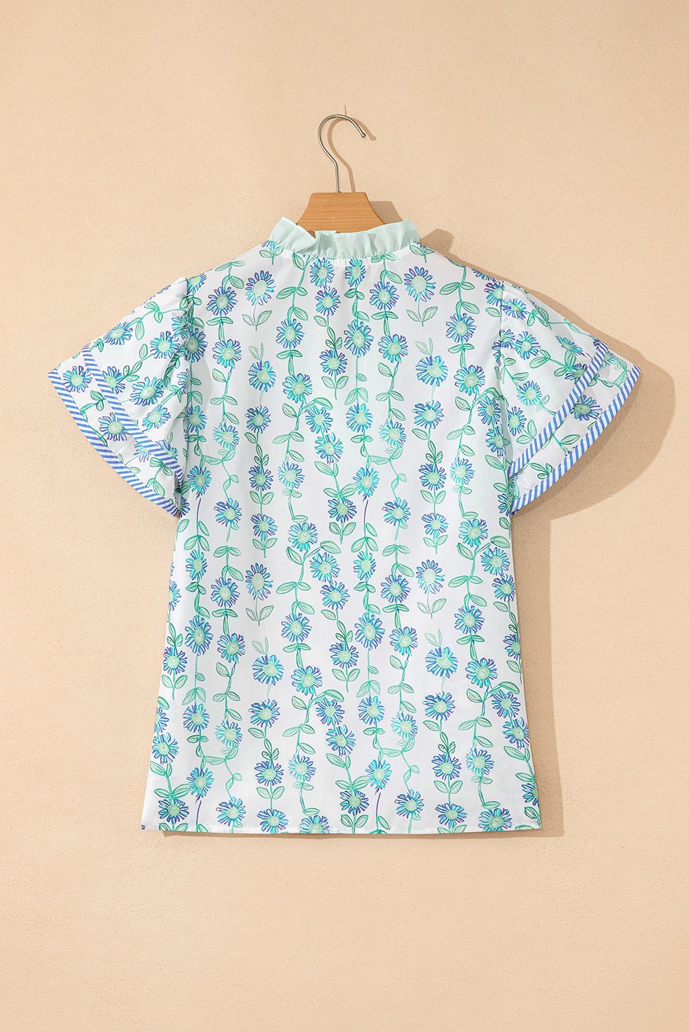 Green Floral Print Striped Detail Contrast V Neck Patchwork Flutter Sleeve Blouse - Loving It Shop