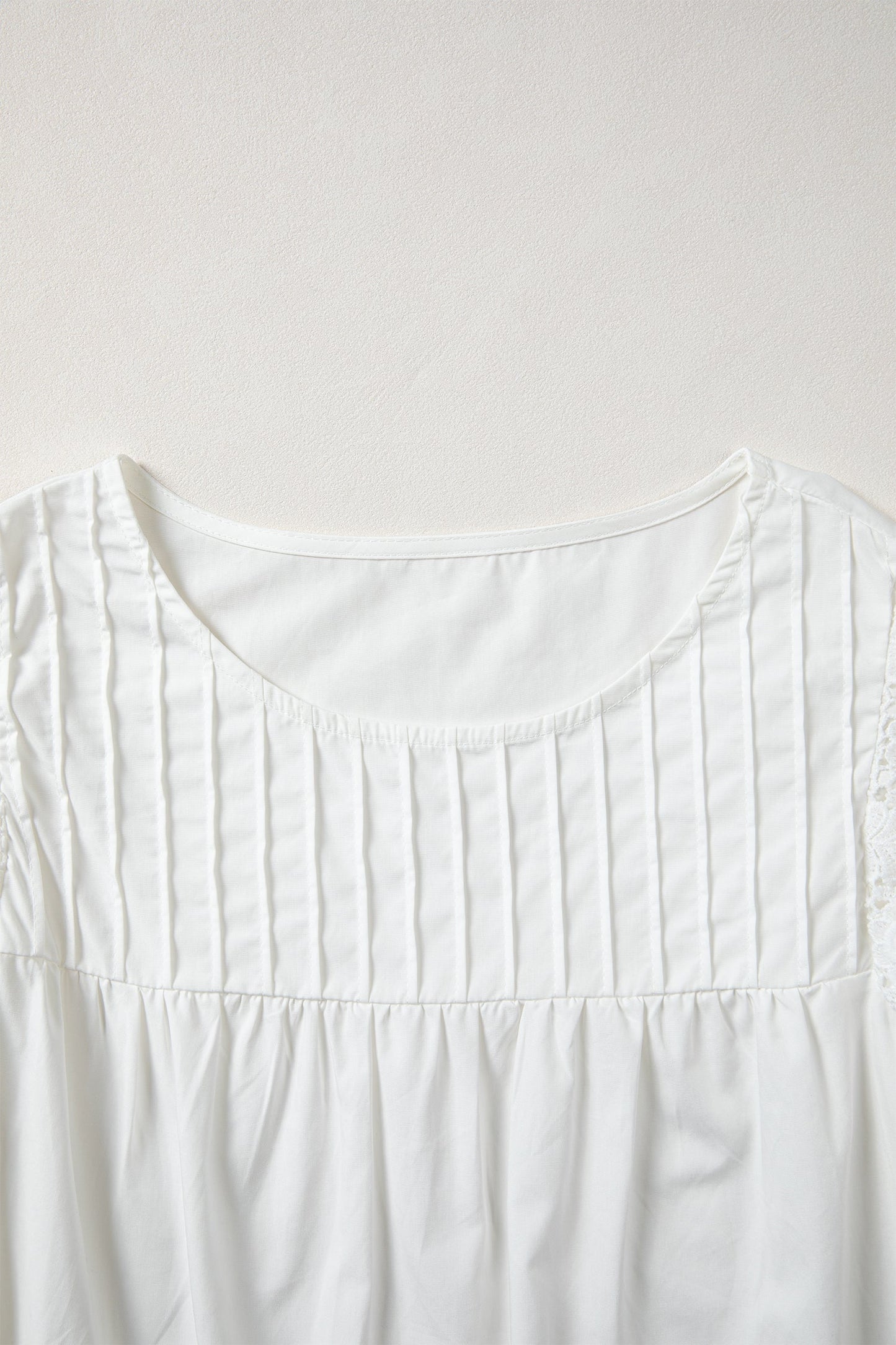 White Lace Detail Flutter Sleeve Pleated Round Neck Blouse