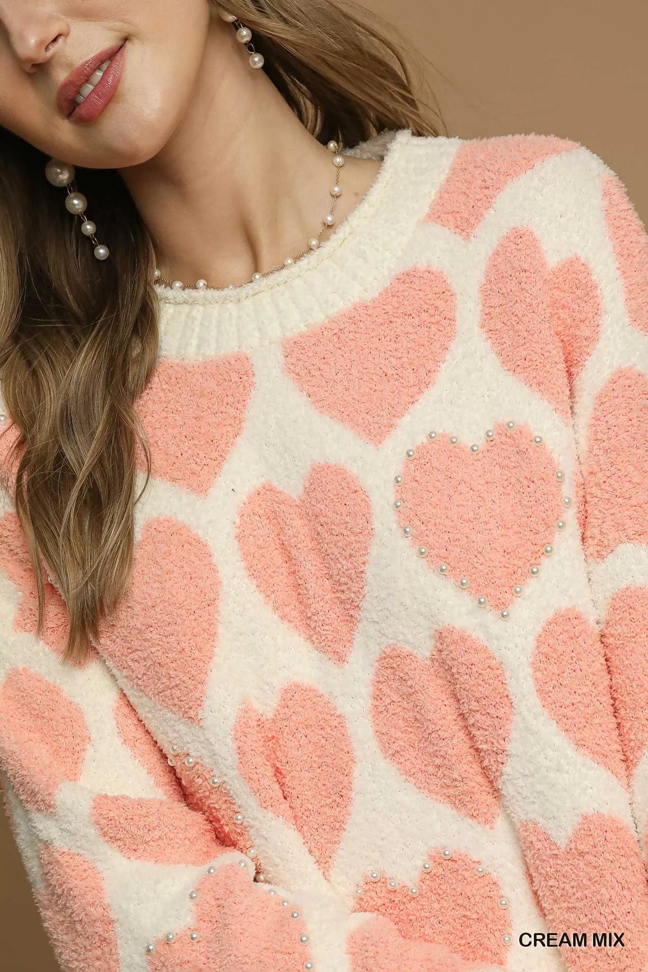 Mix Heart Pattern Pearl Accent Sweater