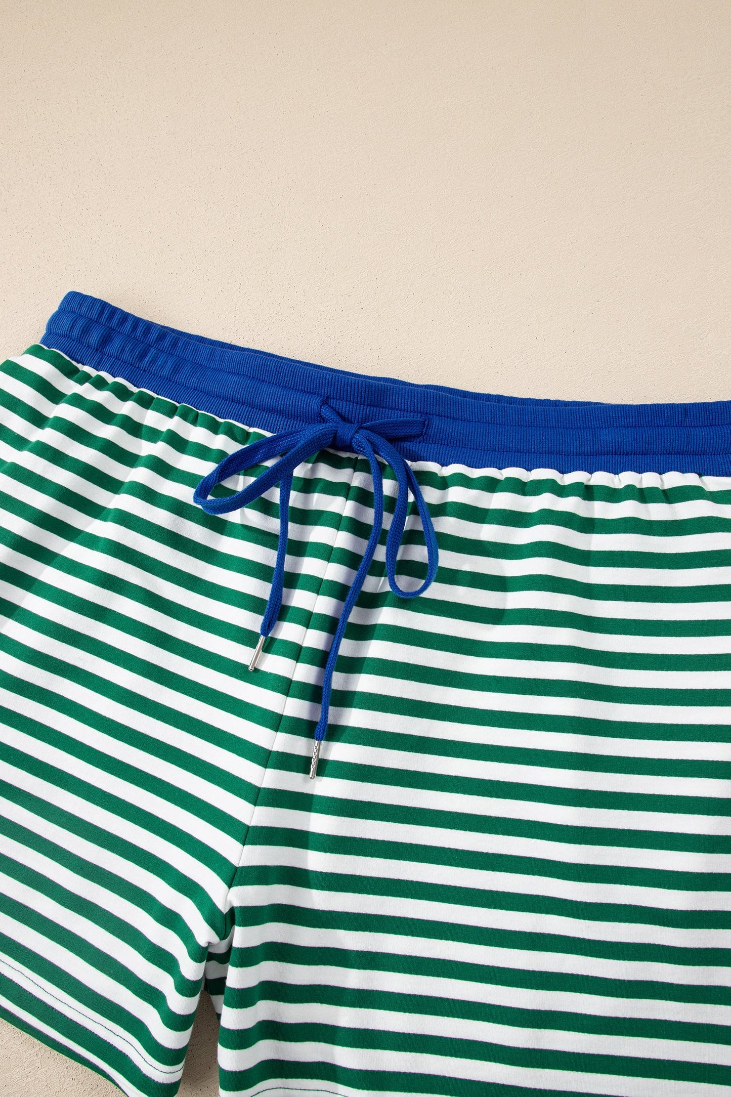 Green Stripe Boxy Tee Drawstring Elastic Waist Plus Size Short Set