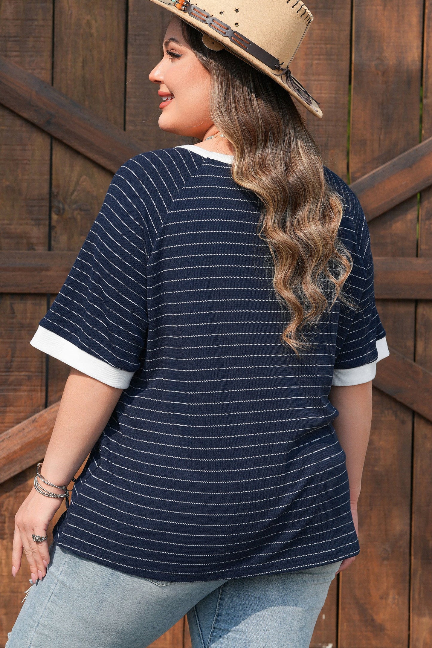 Blue Stripe Contrast Trim Plus Size Ribbed T Shirt