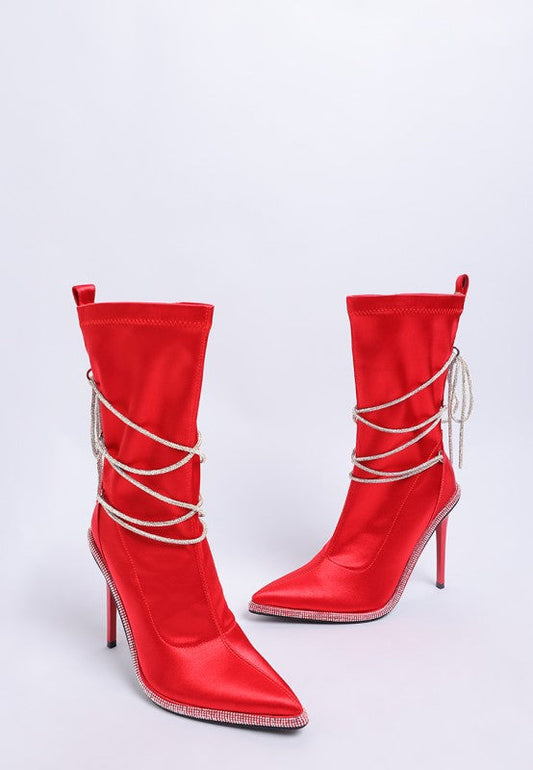 Dacia Rhinestones Strap Satin Calf Boots