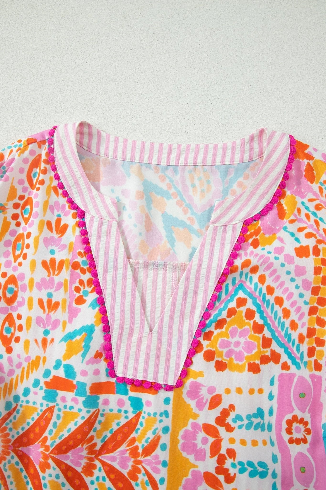 Rose Plus Size Geometric Print Contrast Trim Striped V Neck Blouse - Loving It Shop
