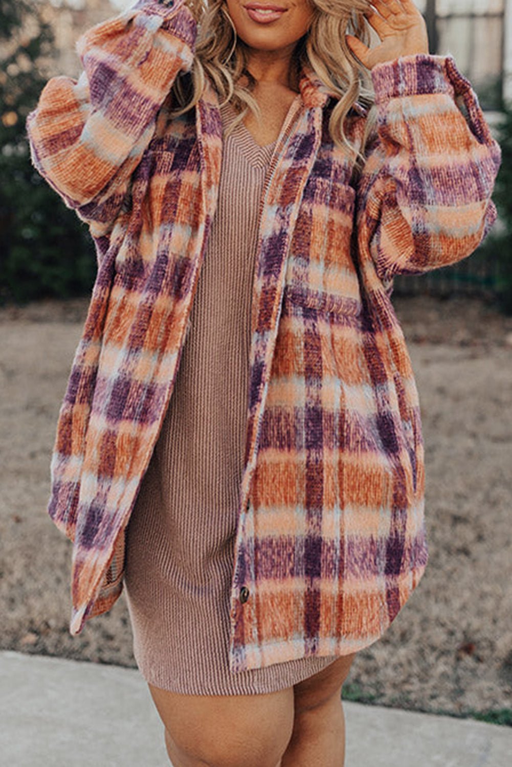 Multicolour Plus Size Plaid Print Collared Button up Jacket - Loving It Shop