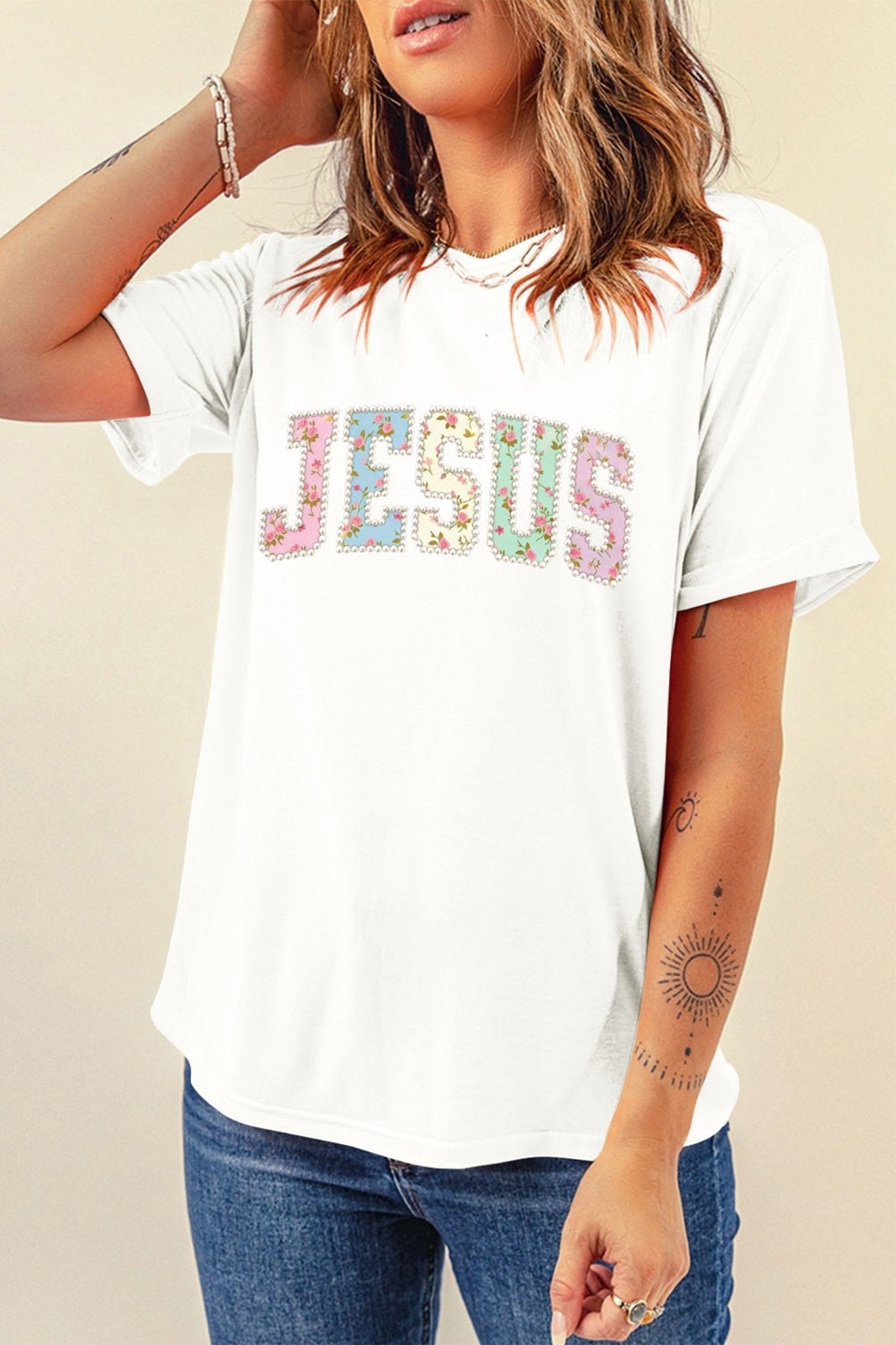 White JESUS Floral Pearl Printed Letter Graphic Tee - Loving It Shop