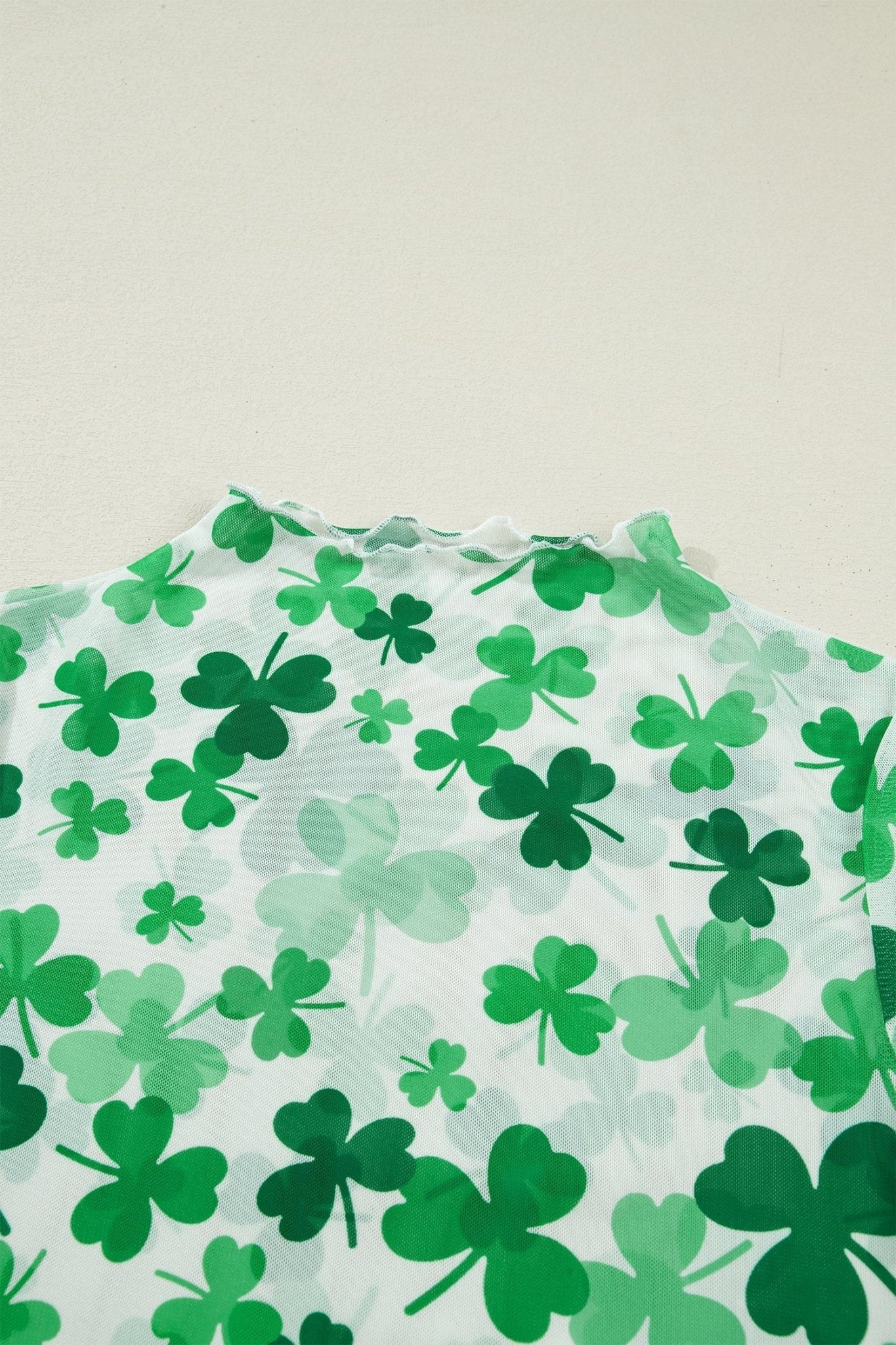 Green Lucky Shamrock Lettuce Trim High Neck Mesh Long Sleeve Top - Loving It Shop