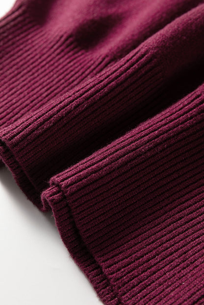 Burgundy Contrast Trim V Neck Cuffed Short Sleeve Loose Sweater