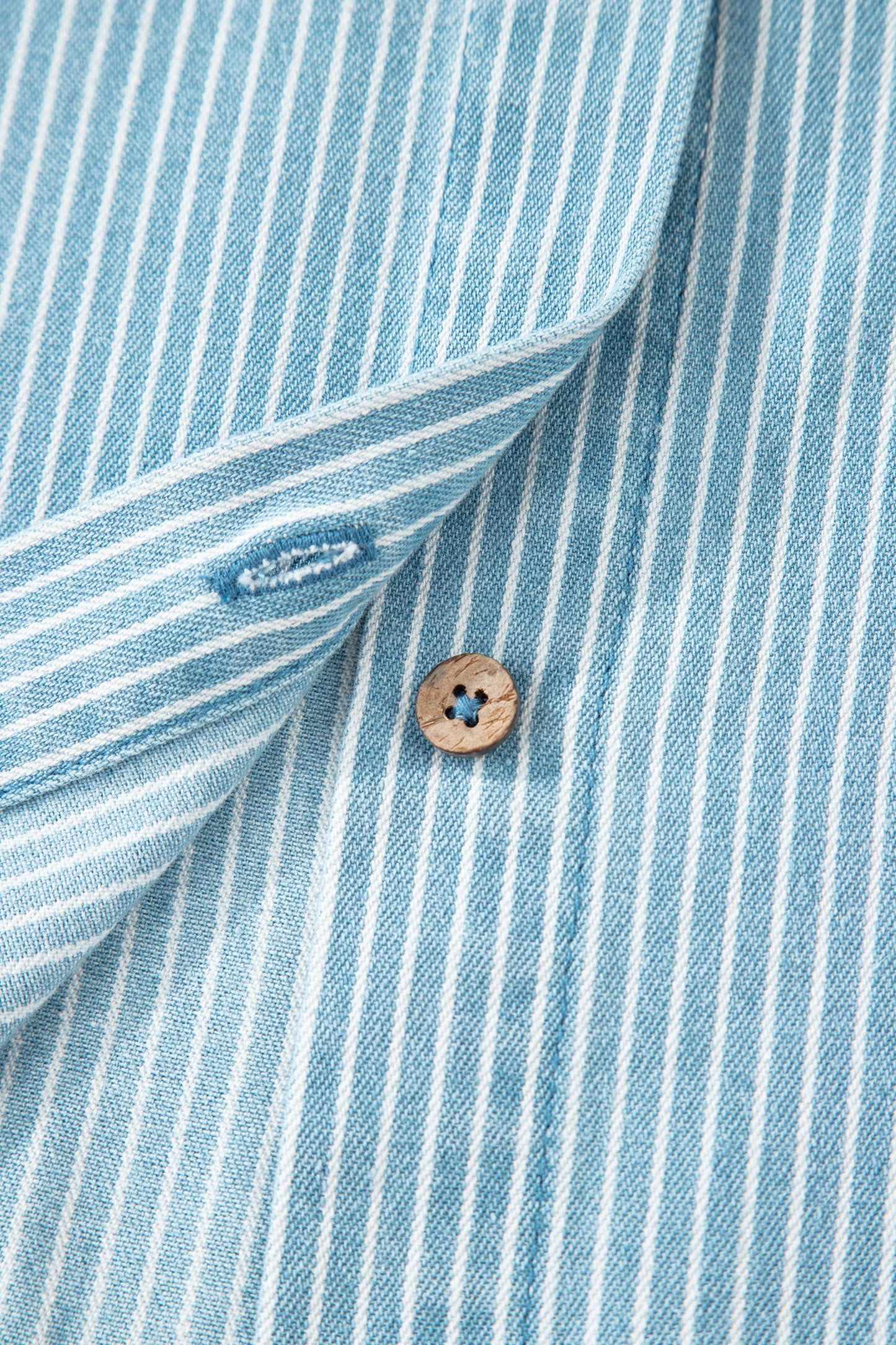 Sky Blue Stripe Cuffed Short Sleeve Button up Loose Shirt