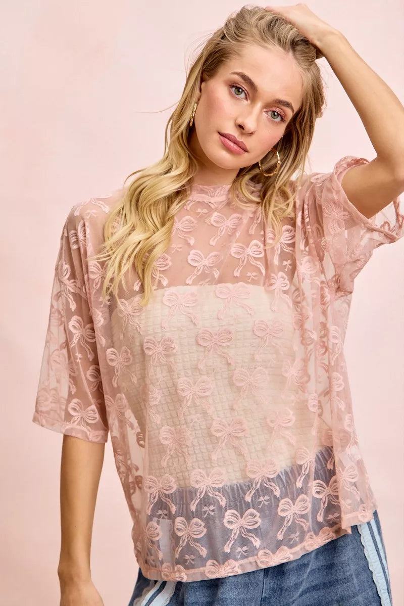 Bow Pattern Short Sleeves Boxy Mesh Top