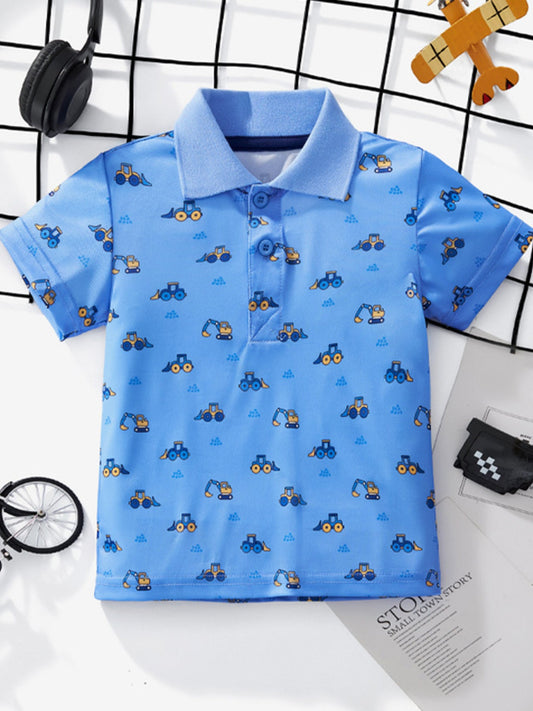 Children's Cartoon Excavator Print Short Sleeve Polo T-Shirt