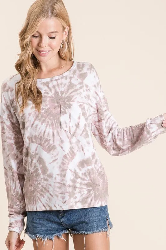 Tie Dye Print Terry Top with Front Patch Pocket