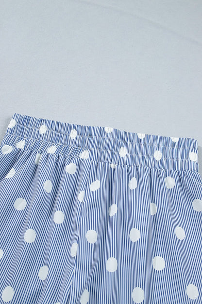 Sky Blue Polka Dot Print Shirred High Waist Casual Shorts - Loving It Shop