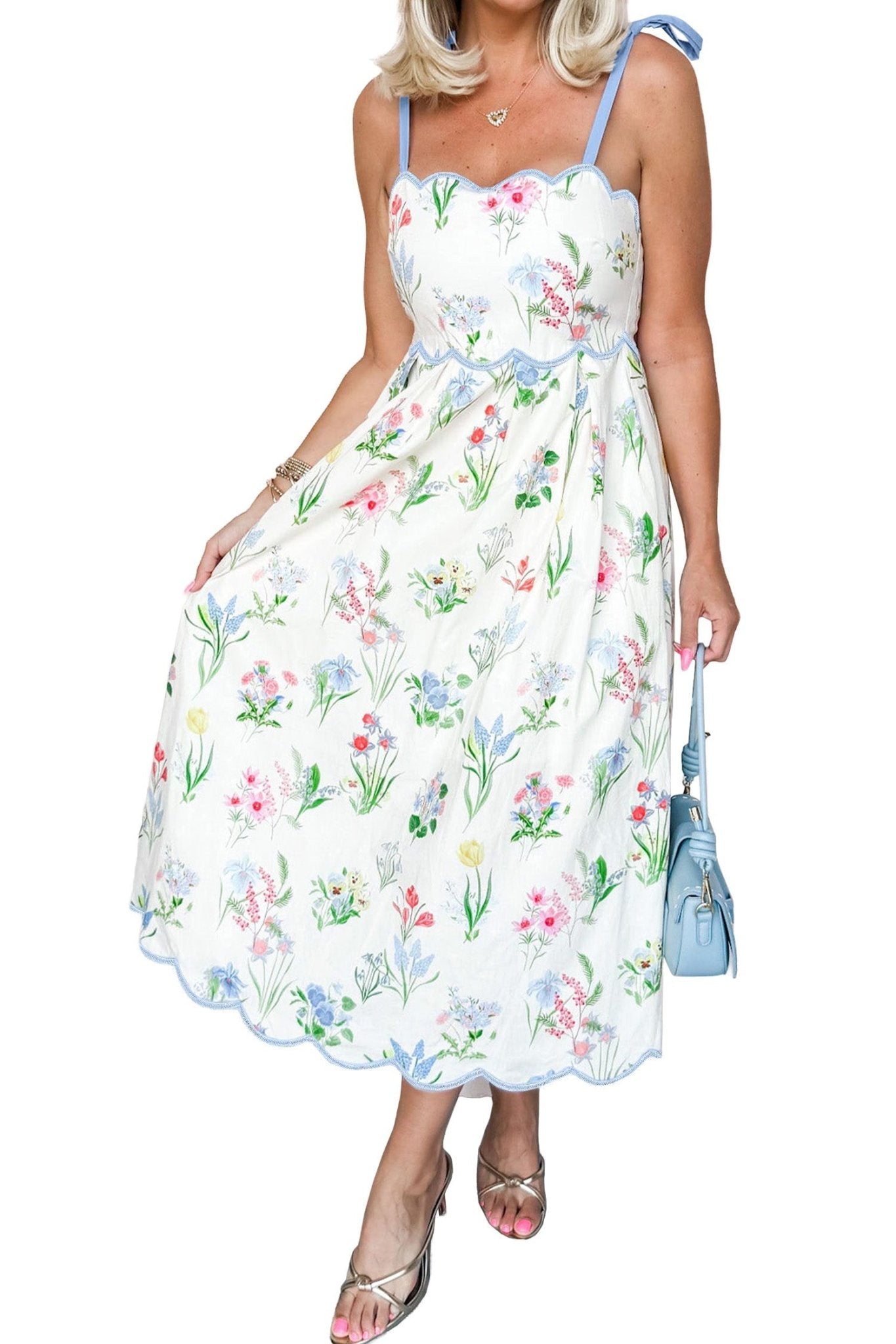 Beige Floral Print Contrast Trim Self - tie Straps High Waist Midi Dress - Loving It Shop