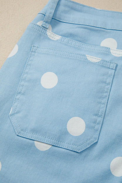 Sky Blue Polka Dot Print Raw Hem Shift Jeans - Loving It Shop