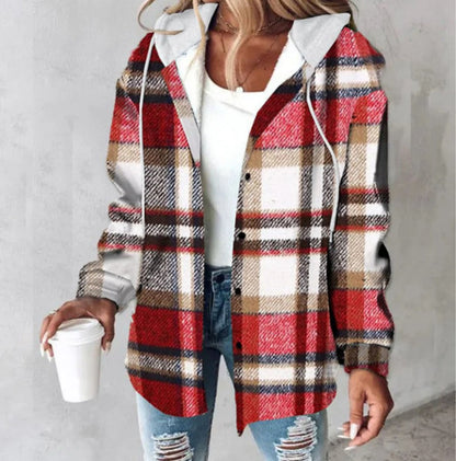 Plaid Hooded Jacket Fashion Casual Button Pocket Coat Autumn And Winter Women&