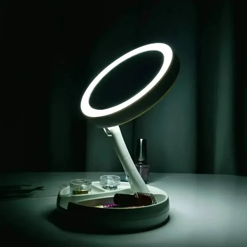 Foldable LED Vanity Mirror With Storage Box, Double-sided 1X &amp; 10X Magnifying Retractable Mirror