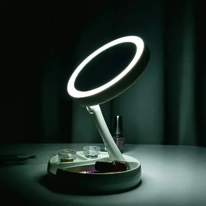 Foldable LED Vanity Mirror With Storage Box, Double-sided 1X &amp; 10X Magnifying Retractable Mirror