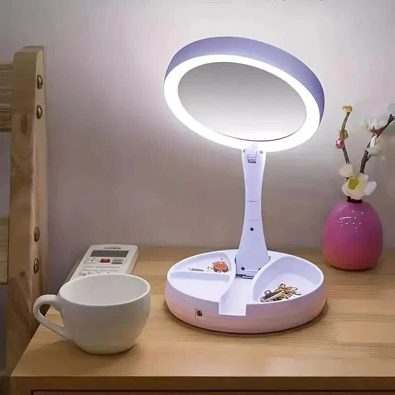 Foldable LED Vanity Mirror With Storage Box, Double-sided 1X &amp; 10X Magnifying Retractable Mirror