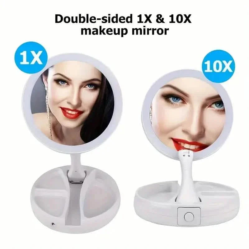 Foldable LED Vanity Mirror With Storage Box, Double-sided 1X &amp; 10X Magnifying Retractable Mirror