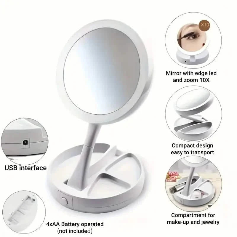 Foldable LED Vanity Mirror With Storage Box, Double-sided 1X &amp; 10X Magnifying Retractable Mirror