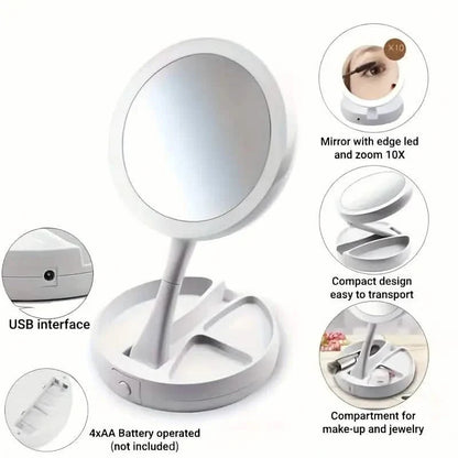 Foldable LED Vanity Mirror With Storage Box, Double-sided 1X &amp; 10X Magnifying Retractable Mirror