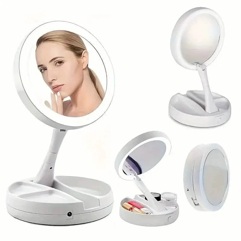 Foldable LED Vanity Mirror With Storage Box, Double-sided 1X &amp; 10X Magnifying Retractable Mirror