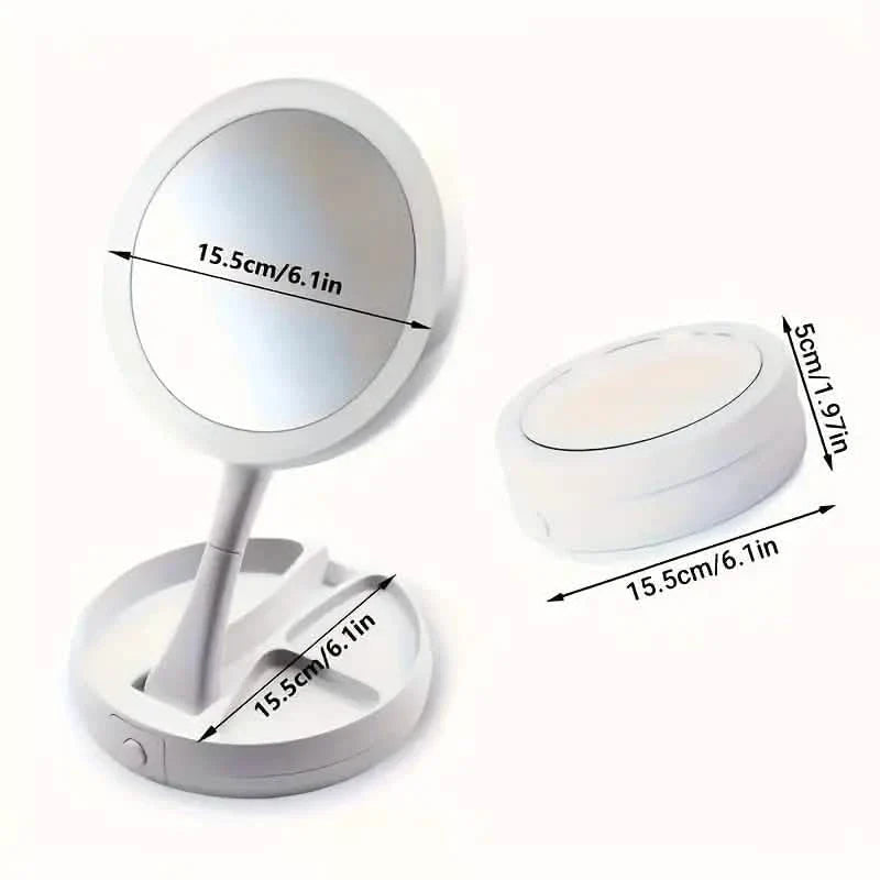 Foldable LED Vanity Mirror With Storage Box, Double-sided 1X &amp; 10X Magnifying Retractable Mirror