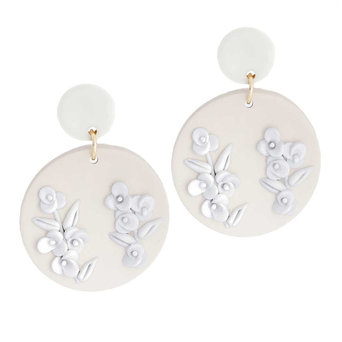 Bridal Round Flower Earrings White Tan Clay Stylish Statement Jewelry