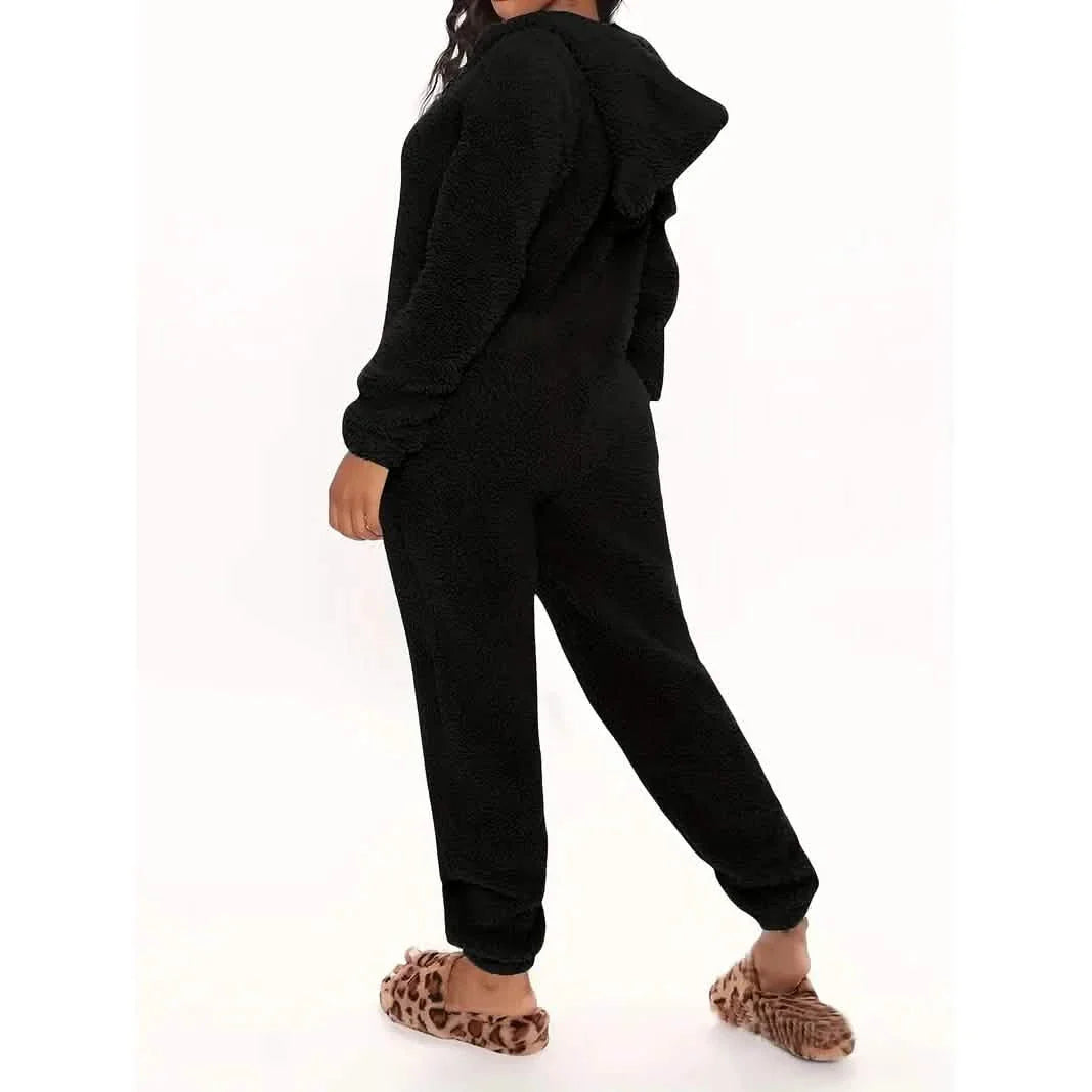 Fuzzy Hooded Pajama Jumpsuit For Music Festival, Long Sleeve Zipper Lingerie &amp; Sleepwear