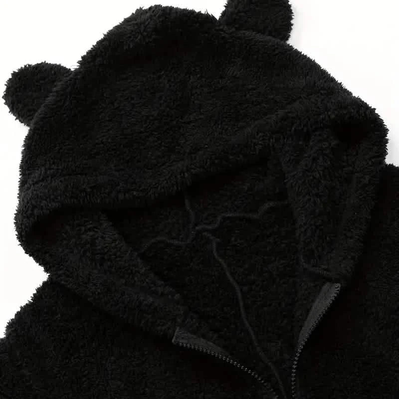 Fuzzy Hooded Pajama Jumpsuit For Music Festival, Long Sleeve Zipper Lingerie &amp; Sleepwear
