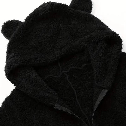 Fuzzy Hooded Pajama Jumpsuit For Music Festival, Long Sleeve Zipper Lingerie &amp; Sleepwear