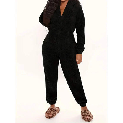 Fuzzy Hooded Pajama Jumpsuit For Music Festival, Long Sleeve Zipper Lingerie &amp; Sleepwear