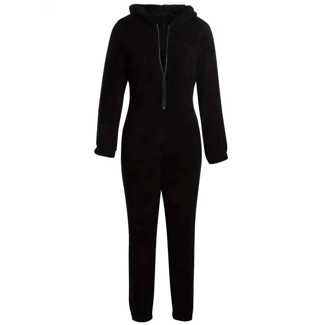 Fuzzy Hooded Pajama Jumpsuit For Music Festival, Long Sleeve Zipper Lingerie &amp; Sleepwear