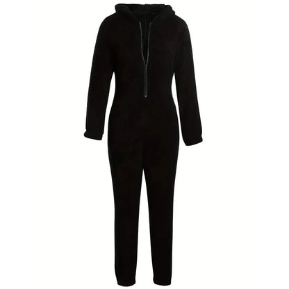 Fuzzy Hooded Pajama Jumpsuit For Music Festival, Long Sleeve Zipper Lingerie &amp; Sleepwear