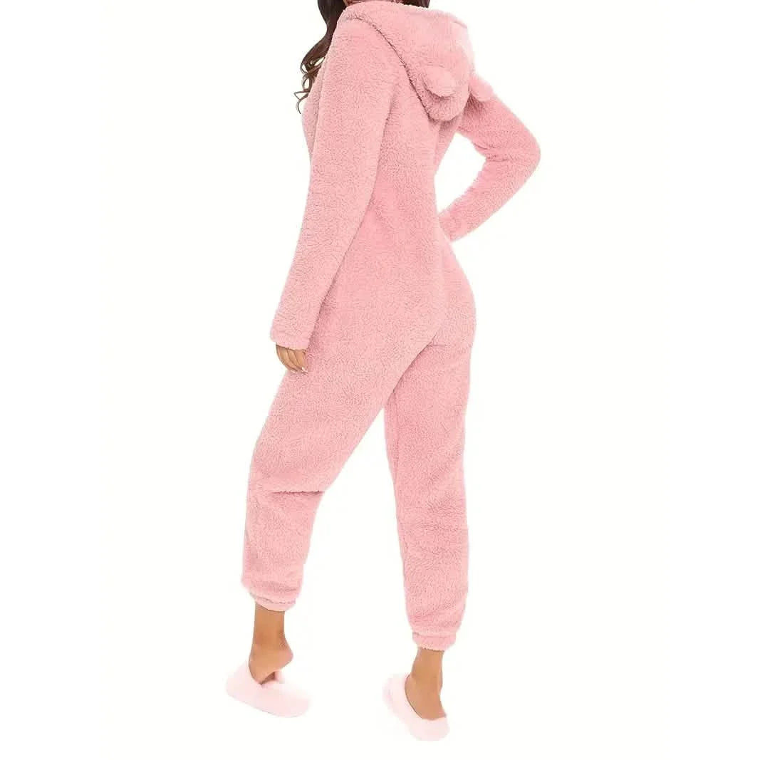 Fuzzy Hooded Pajama Jumpsuit For Music Festival, Long Sleeve Zipper Lingerie &amp; Sleepwear