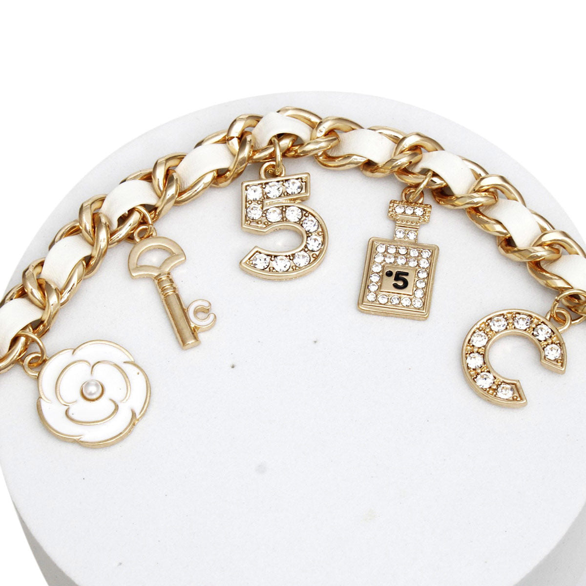 Woven White Anklet with Gold Chain and Camellia Charms – Stylish Fashion Jewelry